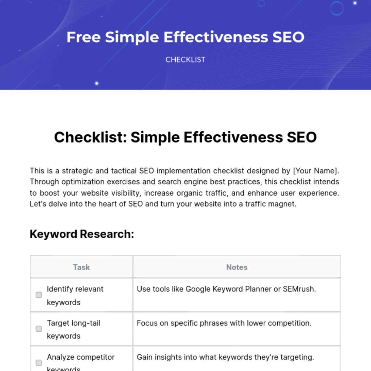 Free Simple Effectiveness SEO Checklist Template