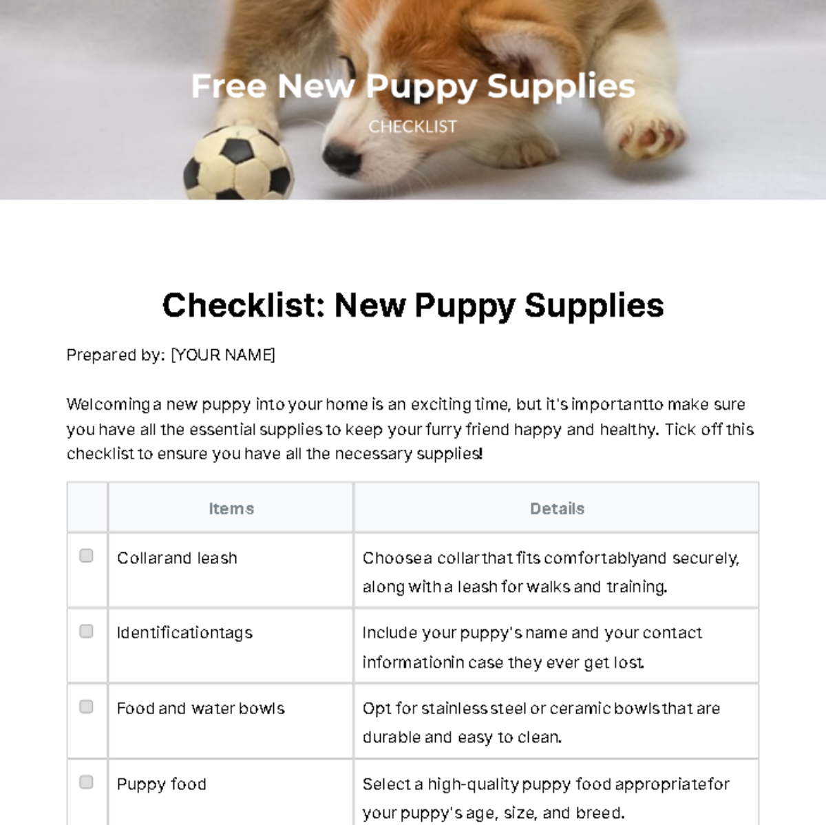 New Puppy Supplies Checklist Template