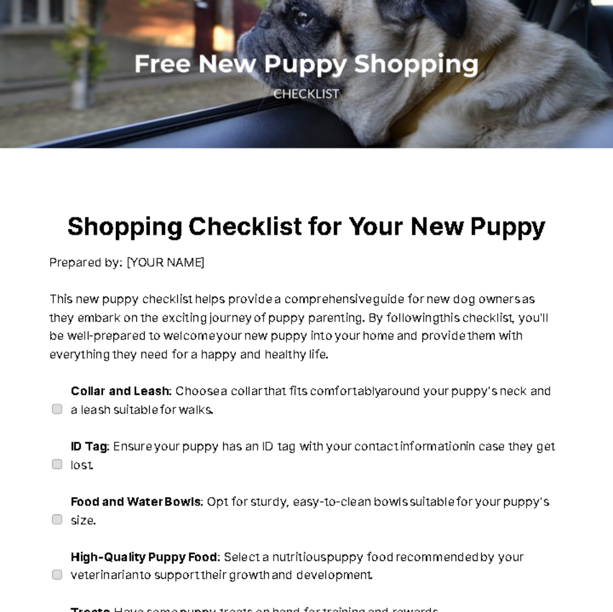 New Puppy Shopping Checklist Template
