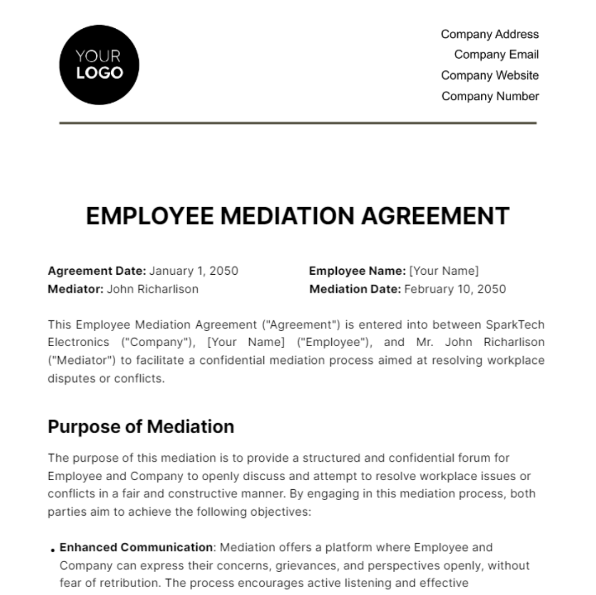 Employee Mediation Agreement HR Template