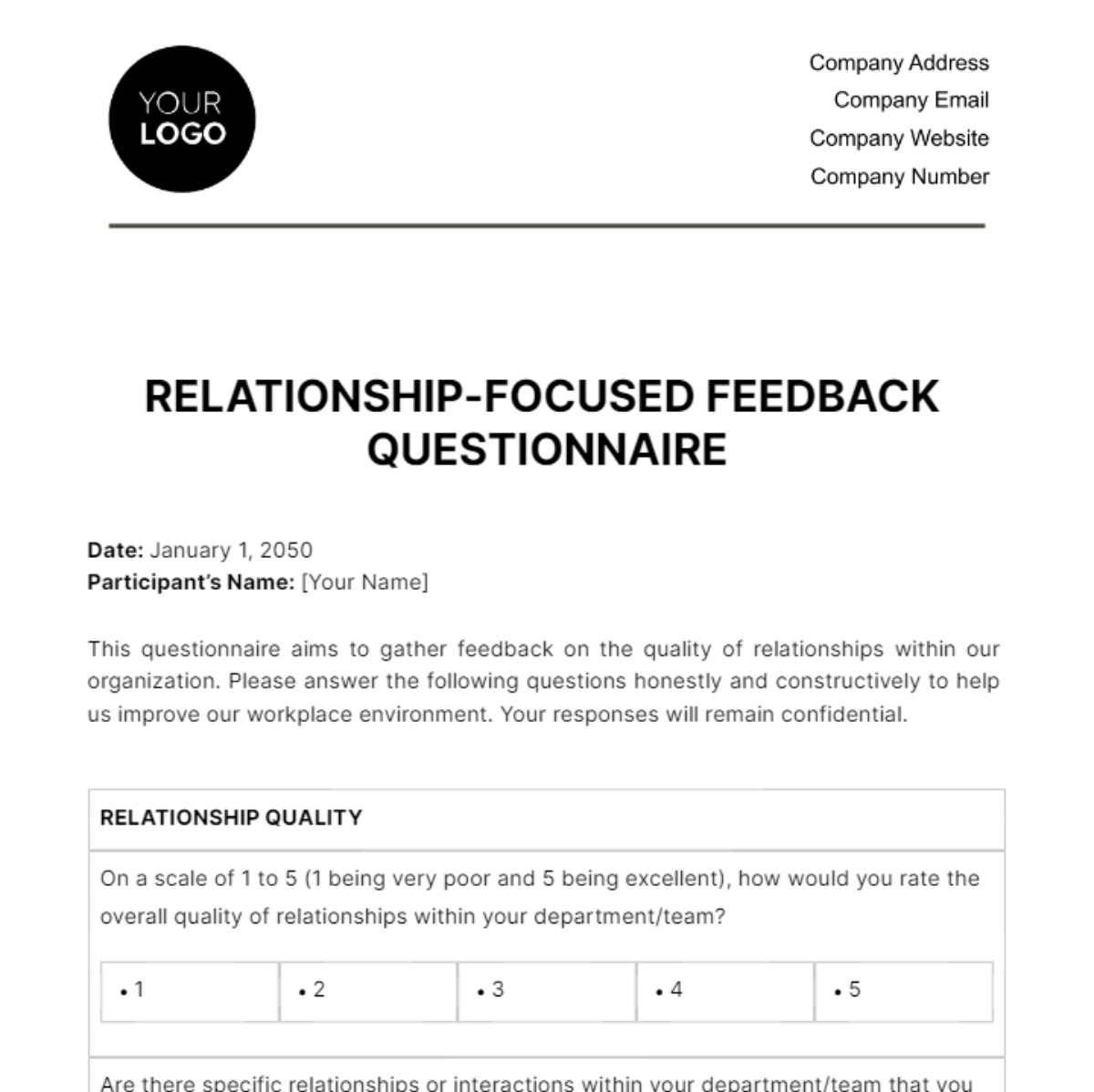 Relationship-focused Feedback Questionnaire HR Template