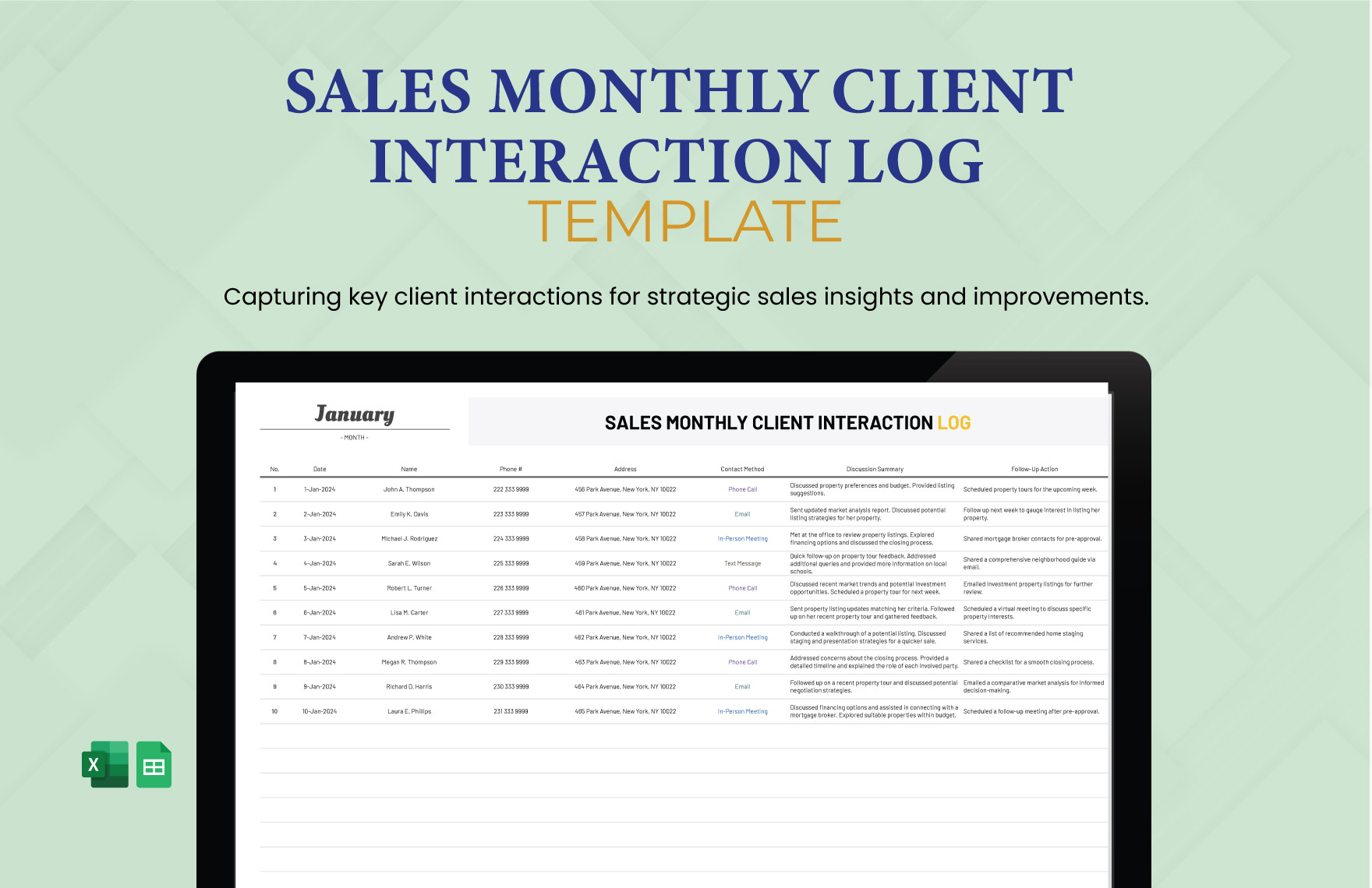 Sales Monthly Client Interaction Log Template in Excel, Google Sheets