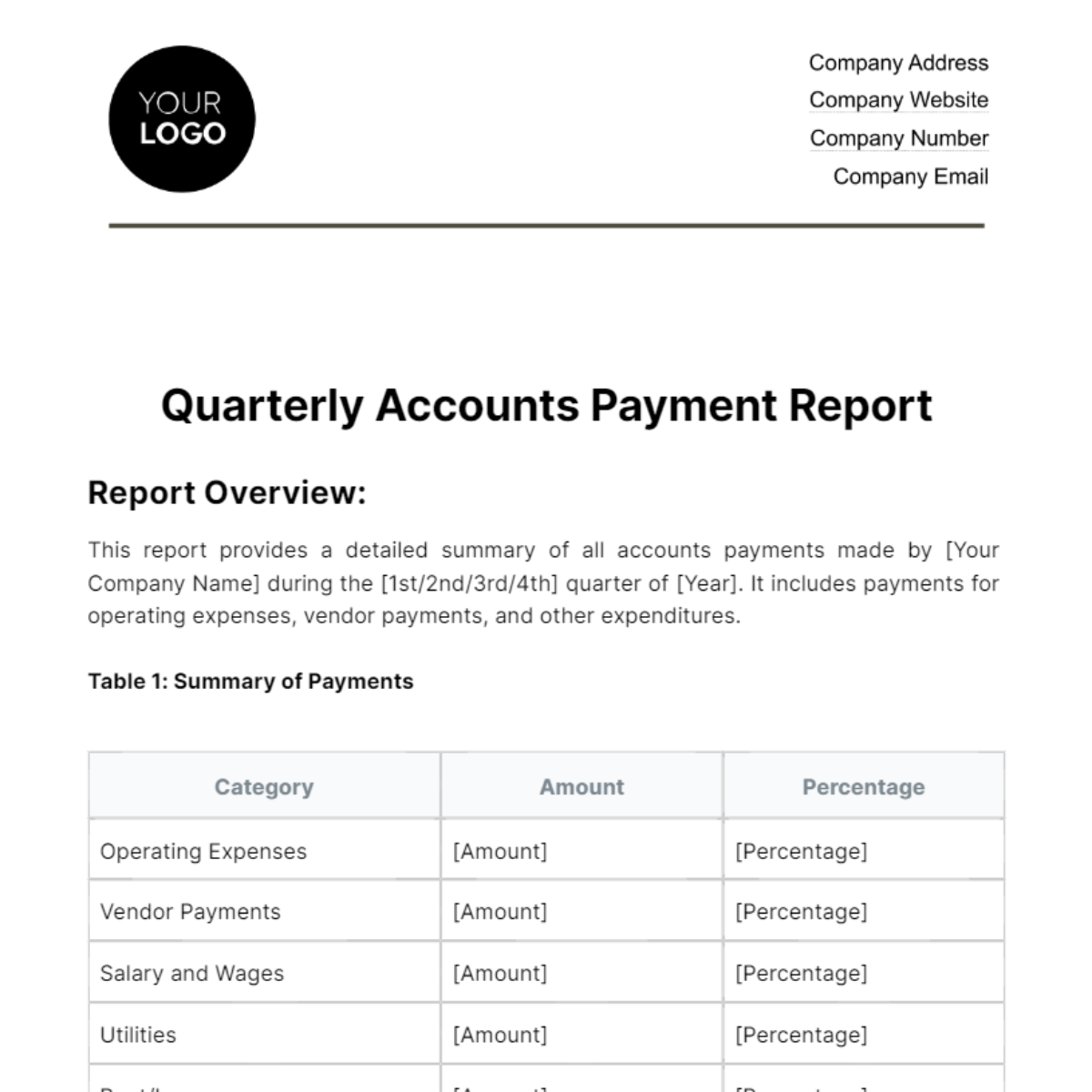 Free Quarterly Accounts Payment Report Template