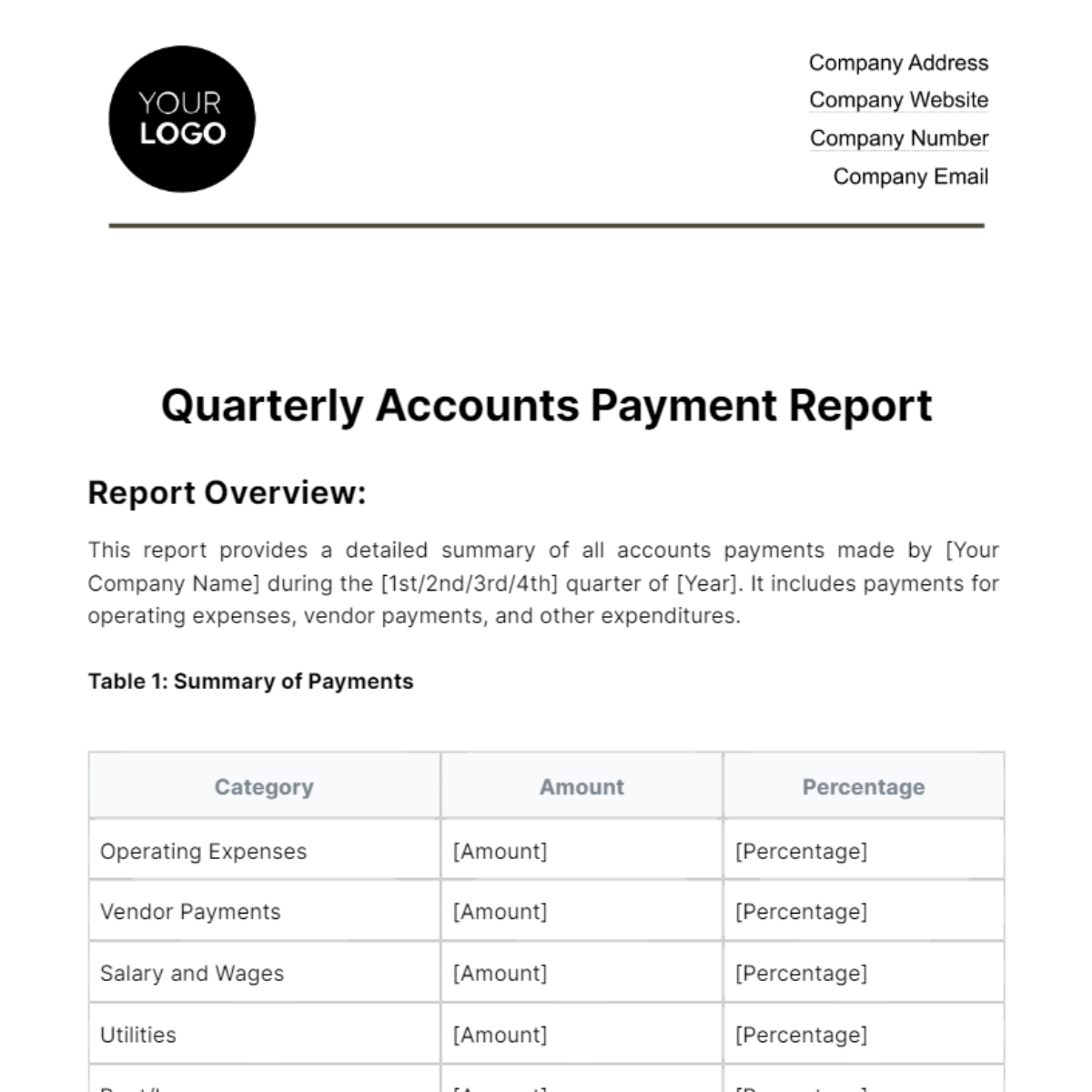 Quarterly Accounts Payment Report Template - Edit Online & Download