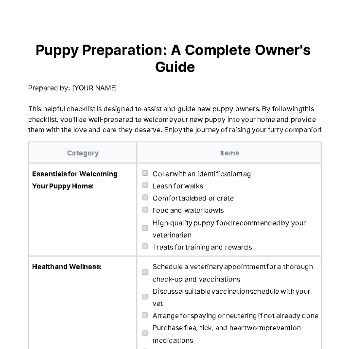 New Puppy Owner Checklist Template