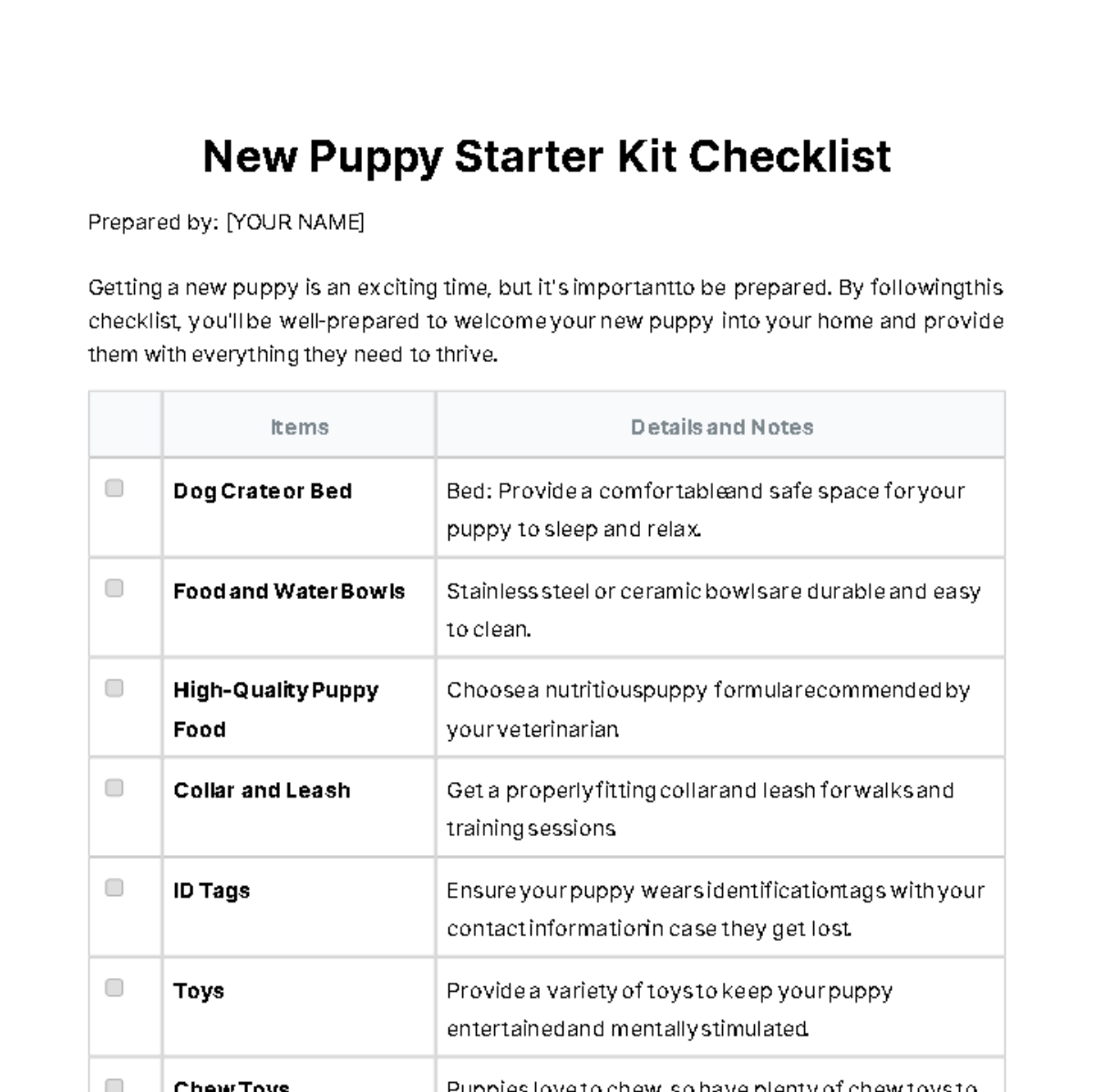 Getting A New Puppy Checklist Template