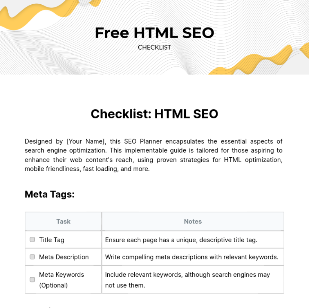 HTML SEO Checklist Template