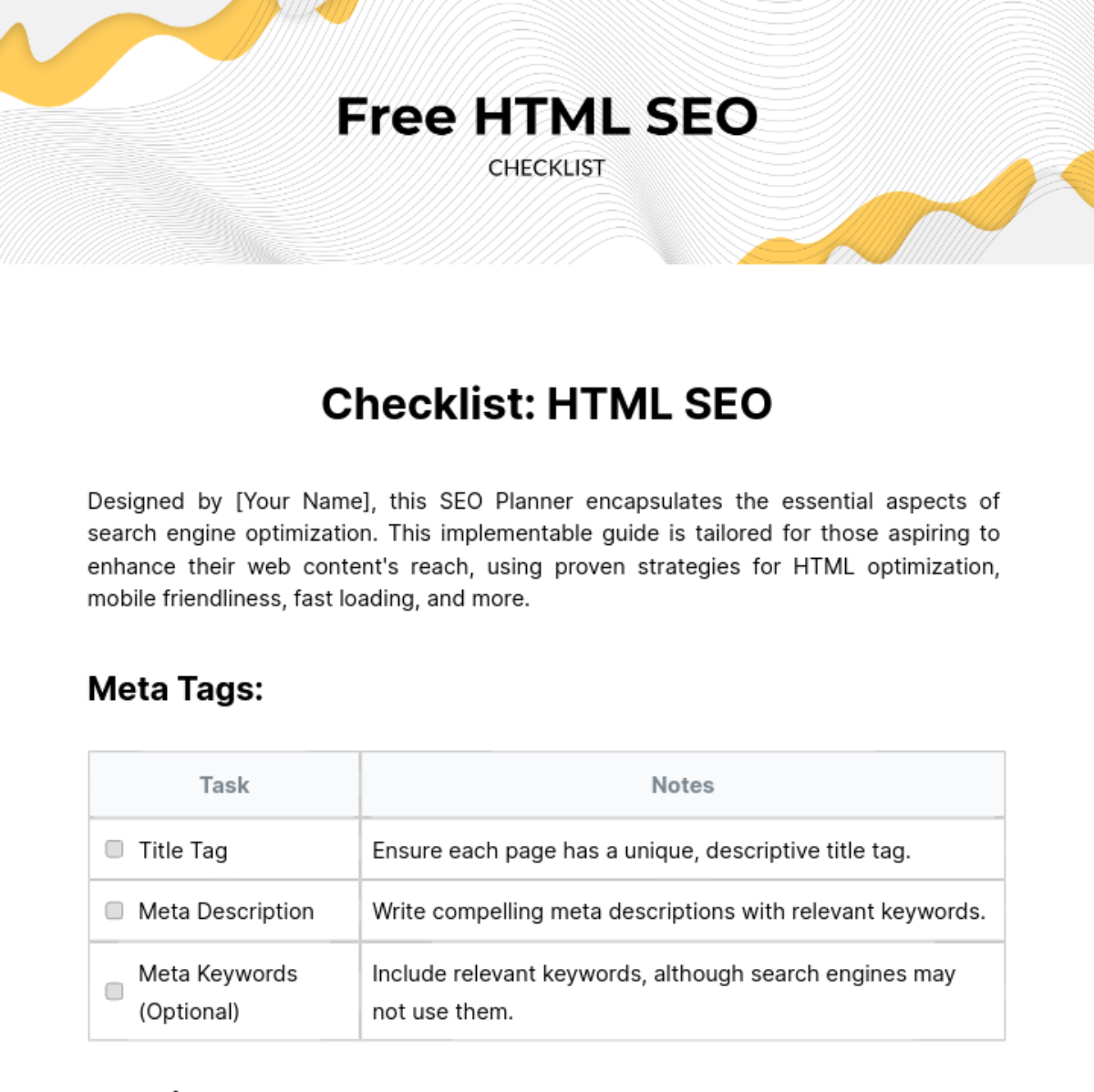 HTML SEO Checklist Template - Edit Online & Download