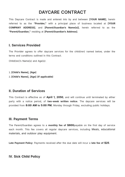 Free Daycare Contract Template to Edit Online