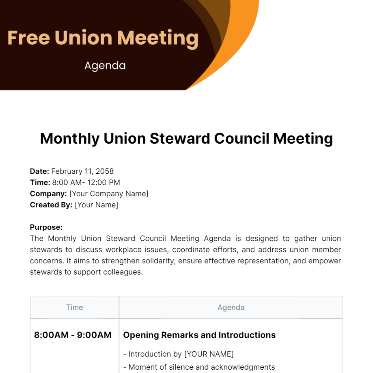 Union Meeting Agenda - Edit Online & Download Example