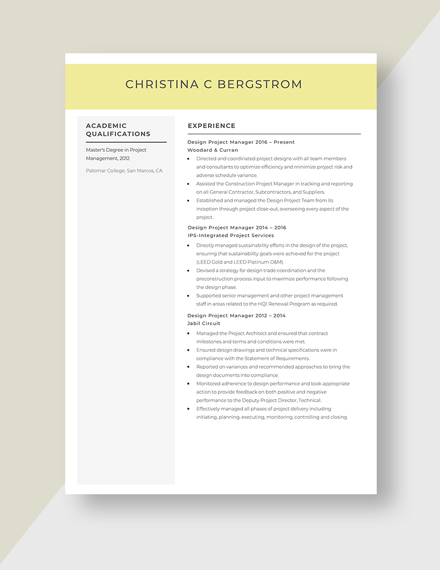 Design Project Manager Resume Template