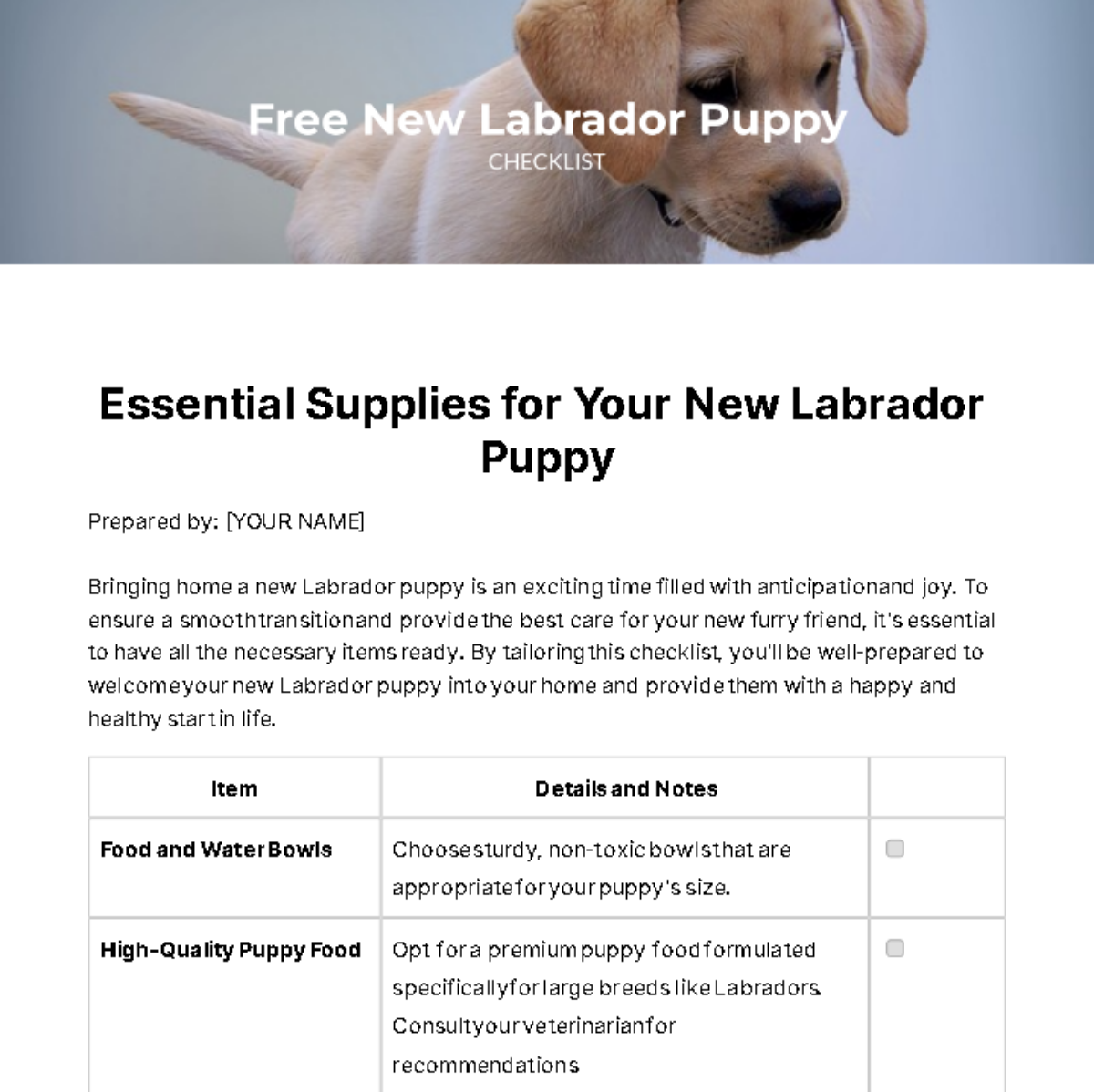 New Labrador Puppy Checklist Template