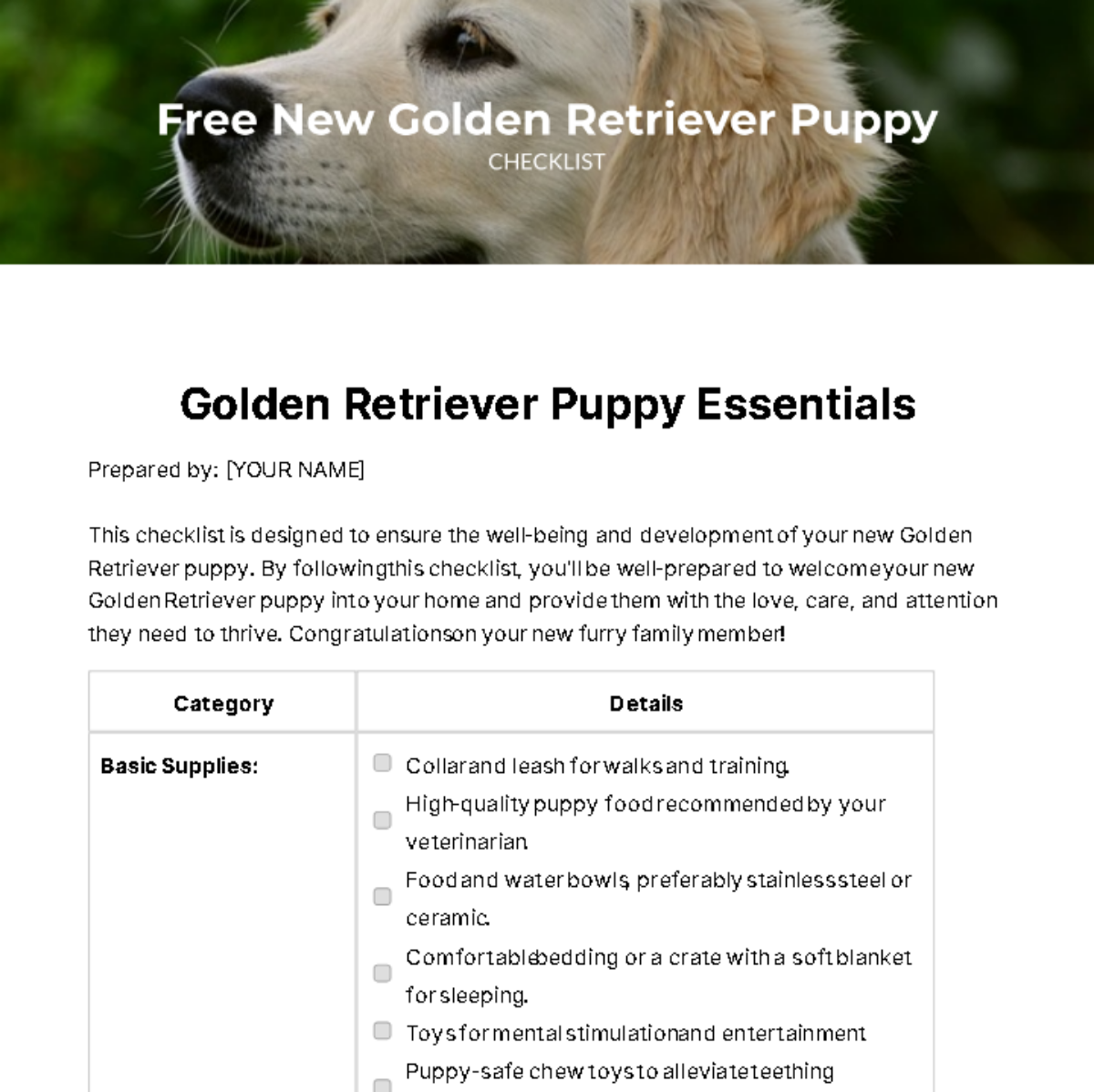 Free New Golden Retriever Puppy Checklist Template