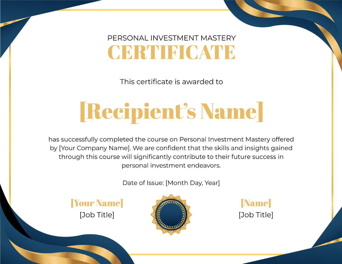 Personal Investment Mastery Certificate Template