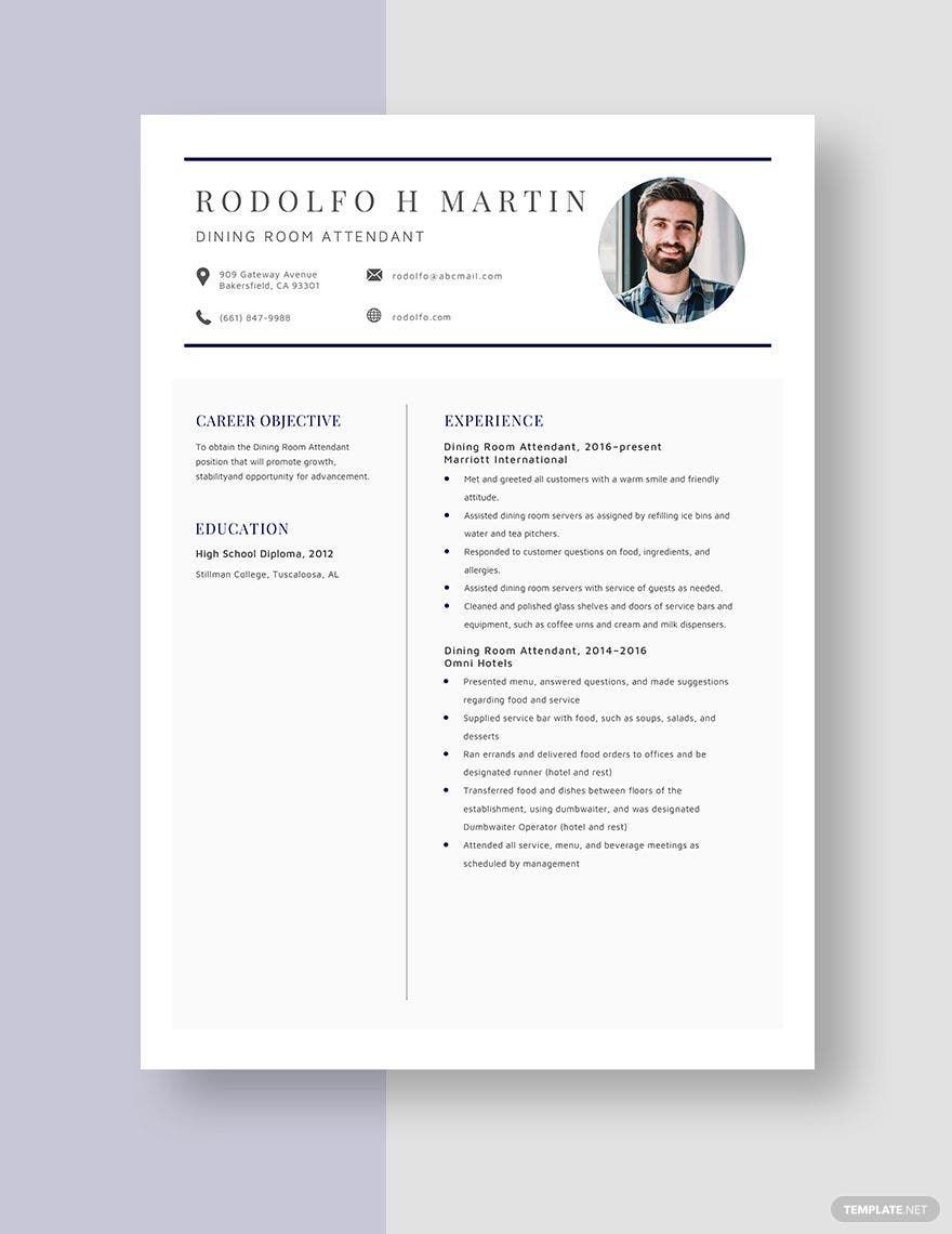 Free Dining Room Attendant Resume in Word, Apple Pages