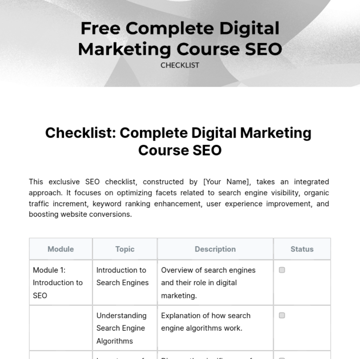 Free Complete Digital Marketing Course SEO Checklist Template