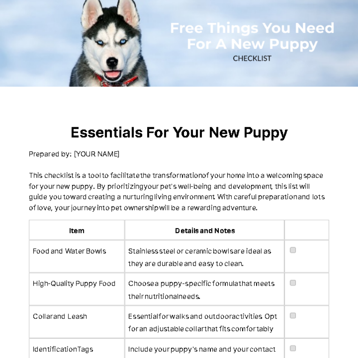 Free Things You Need For A New Puppy Checklist Template