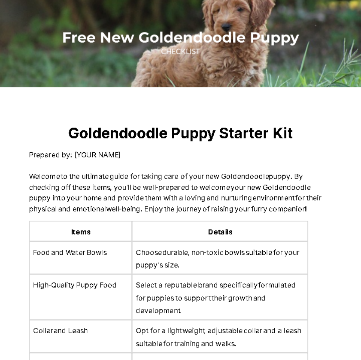 Free New Goldendoodle Puppy Checklist Template