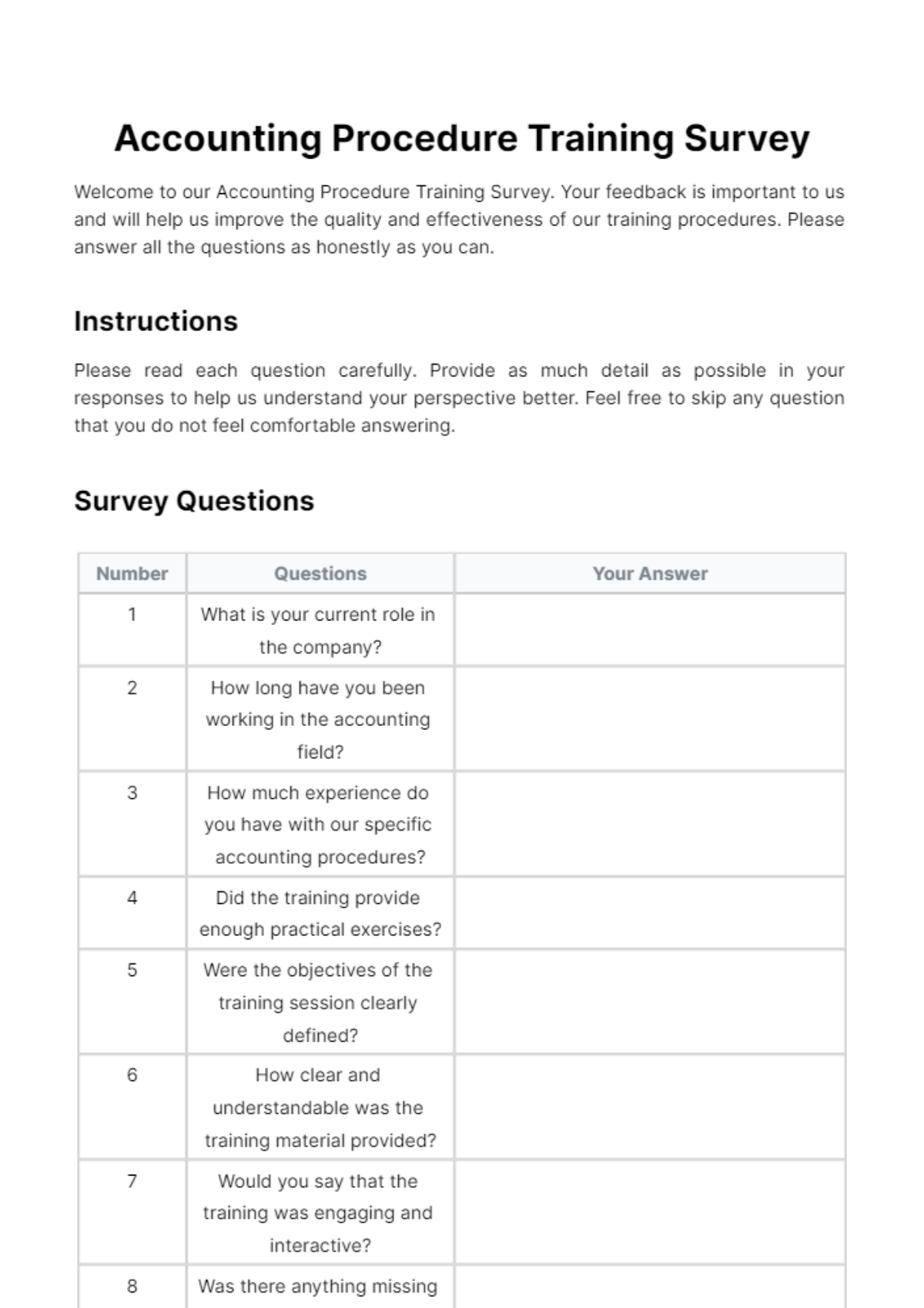 Free Accounting Procedure Training Survey Template