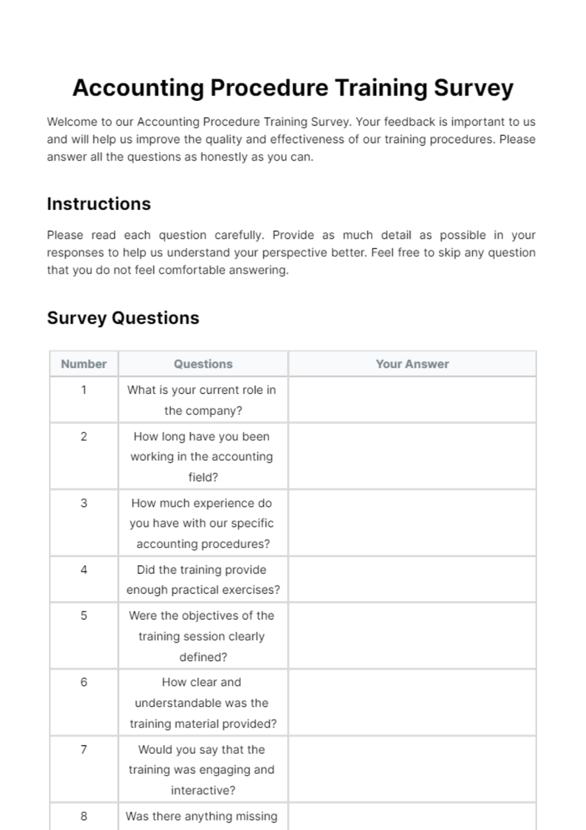 Accounting Procedure Training Survey Template - Edit Online & Download