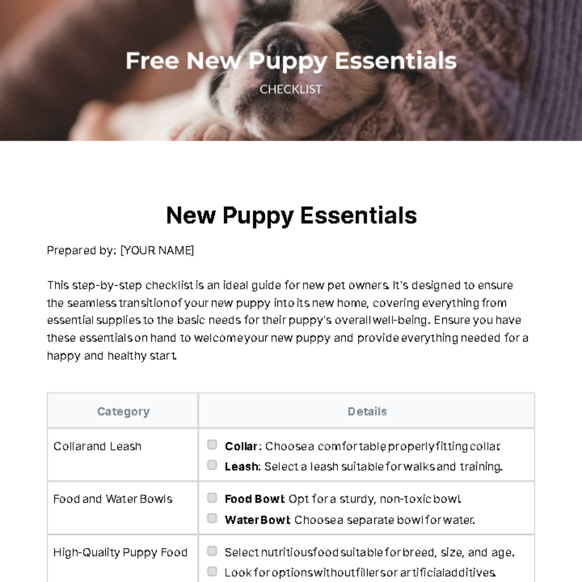 New Puppy Essentials Checklist Template