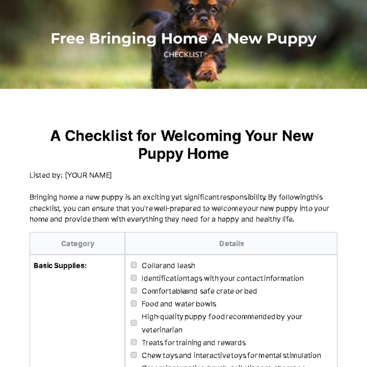Bringing Home A New Puppy Checklist Template