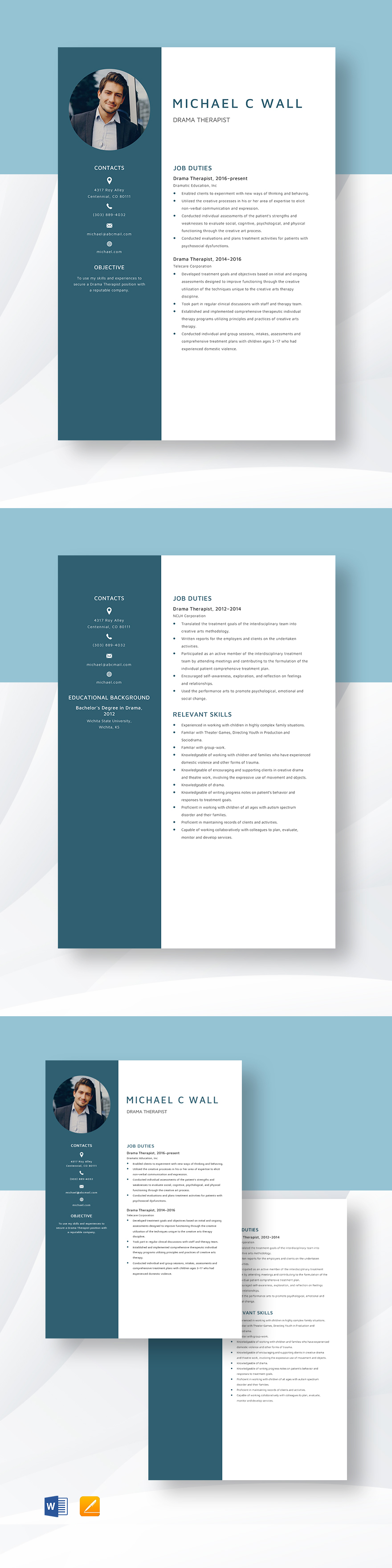 Free Drama Therapist Resume Template Word, Apple Pages