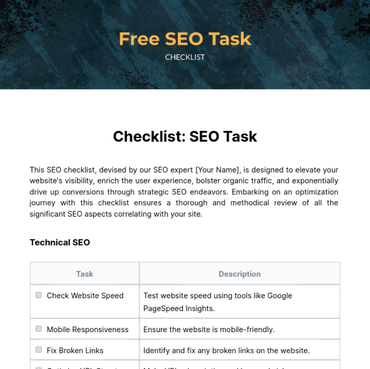 SEO Task Checklist Template