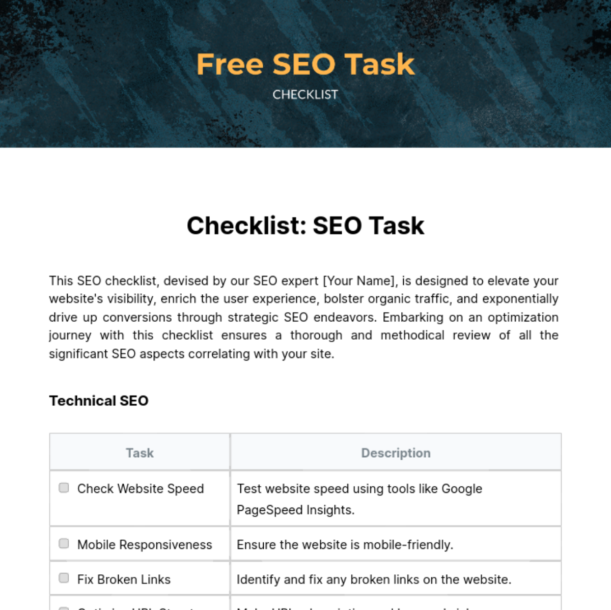 SEO Task Checklist Template - Edit Online & Download