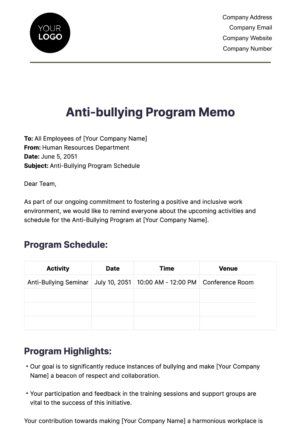 Anti-bullying Program Memo HR Template - Edit Online & Download