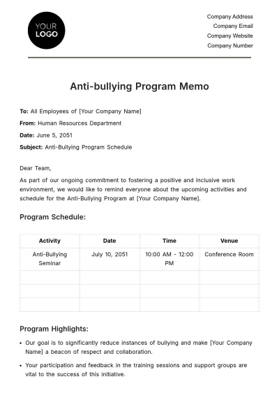 Free Anti-bullying Program Memo HR Template to Edit Online