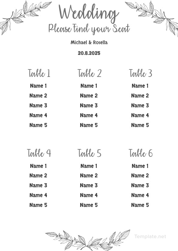 Printable Wedding Seating Chart Template in Microsoft Word