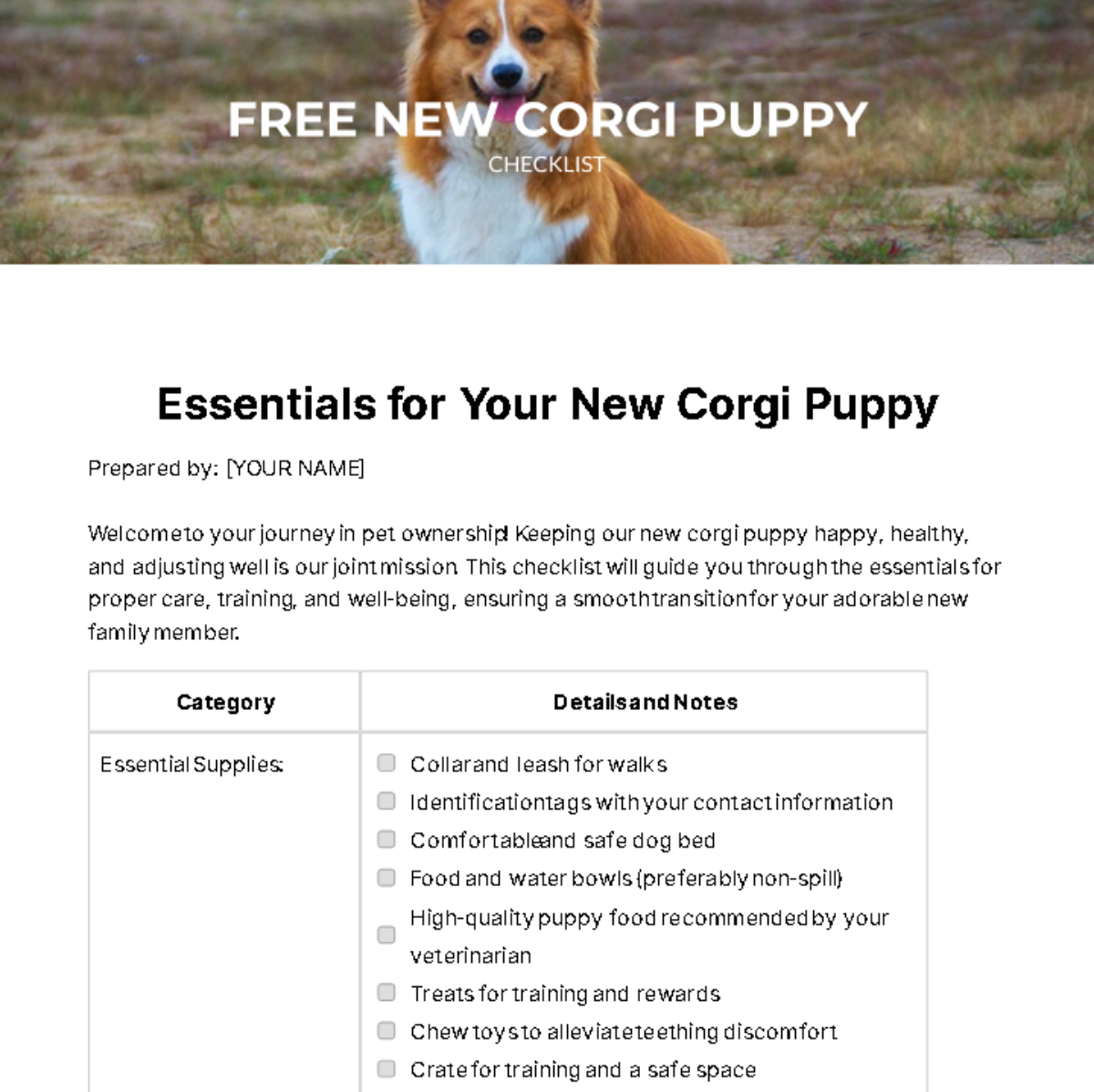 Free New Corgi Puppy Checklist Template