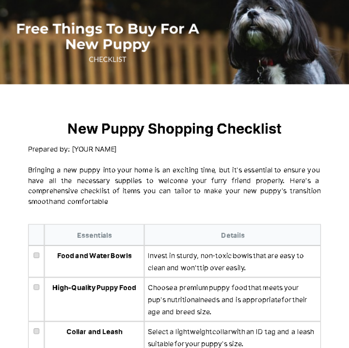 Checklist Of Things To Buy For A New Puppy Template