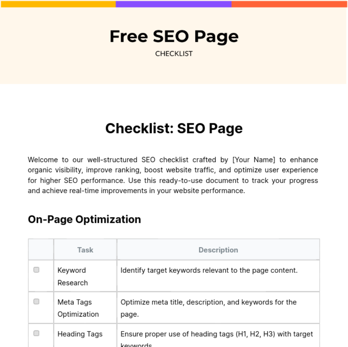Free SEO Page Checklist Template