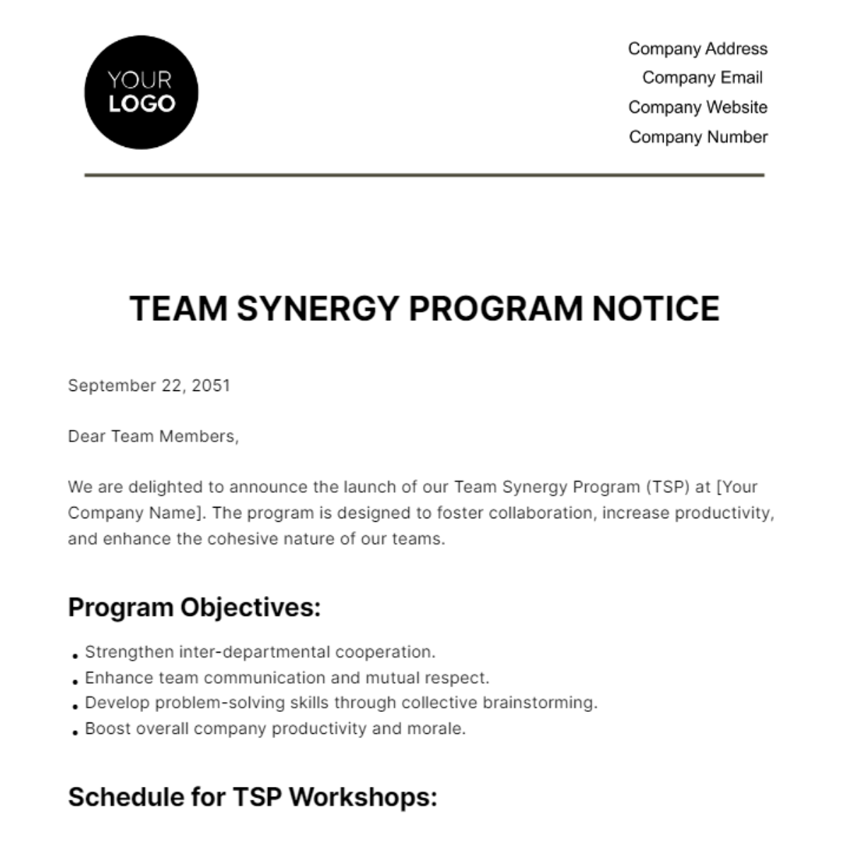 Team Synergy Program Notice HR Template