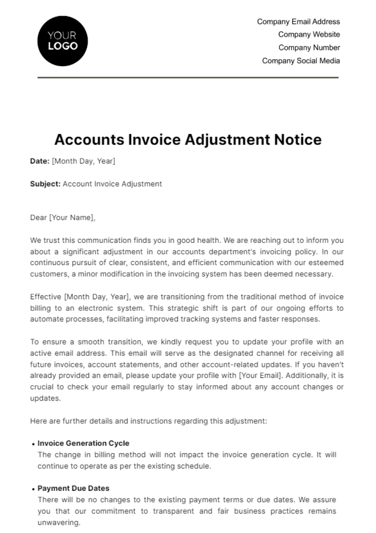 Accounts Invoice Adjustment Notice Template