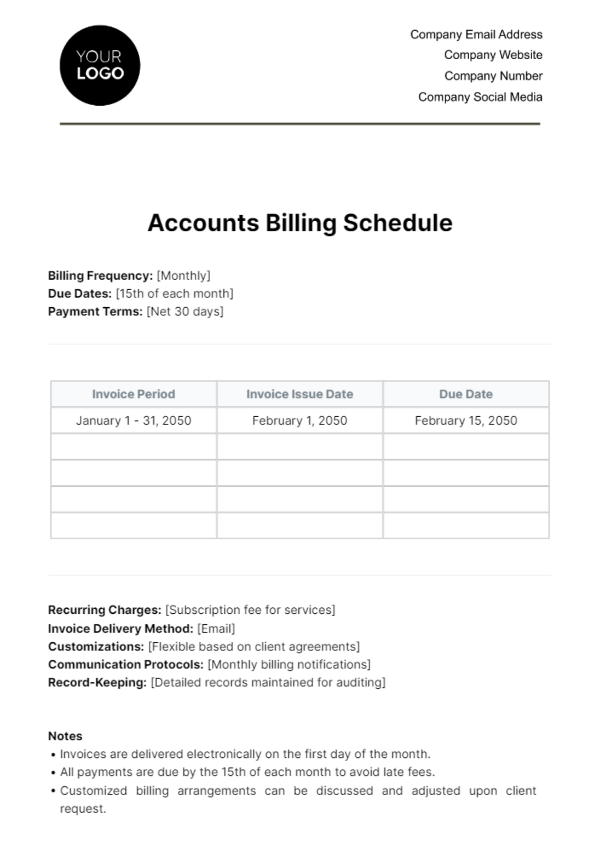 Accounts Billing Schedule Template