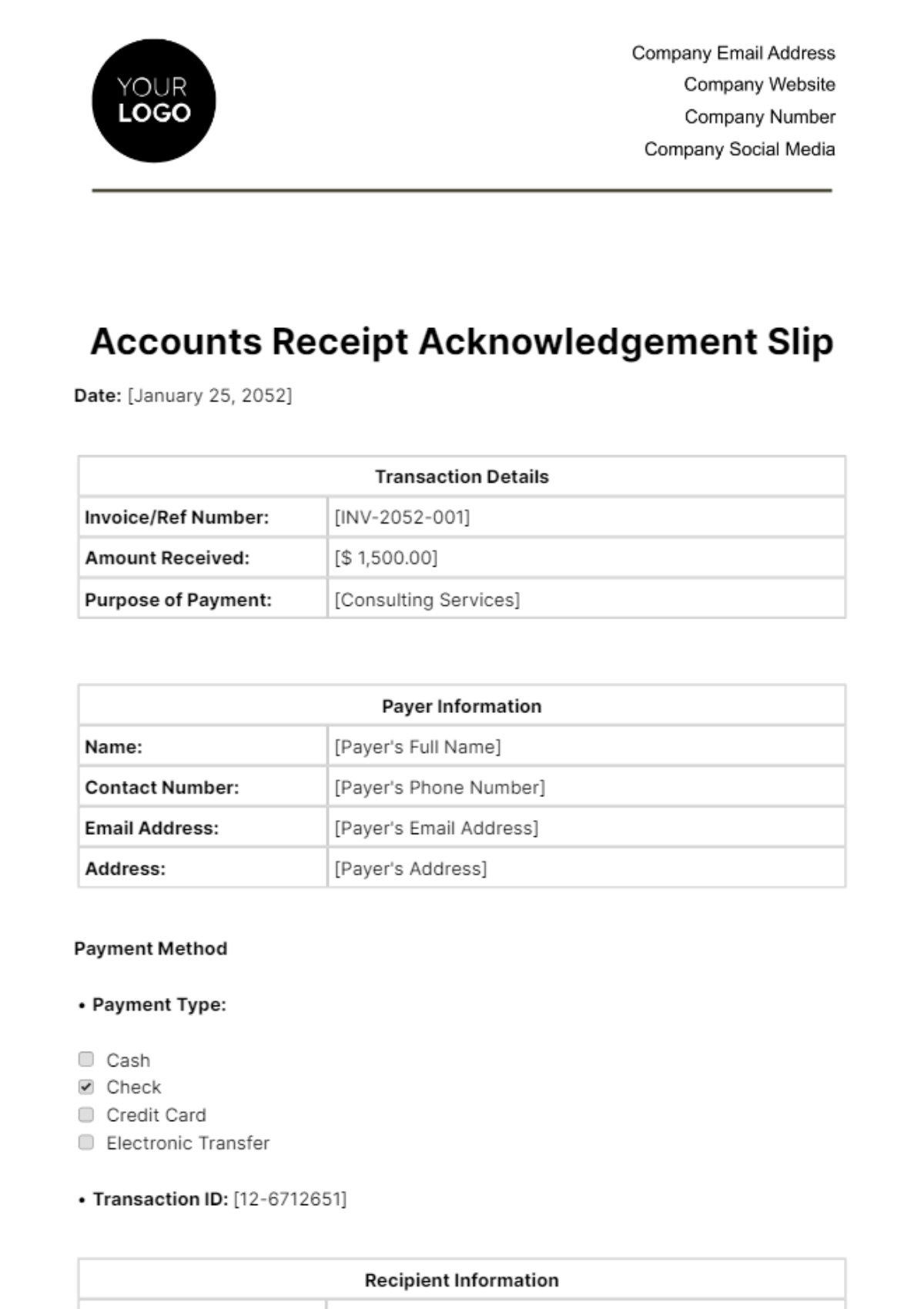 Accounts Receipt Acknowledgement Slip Template