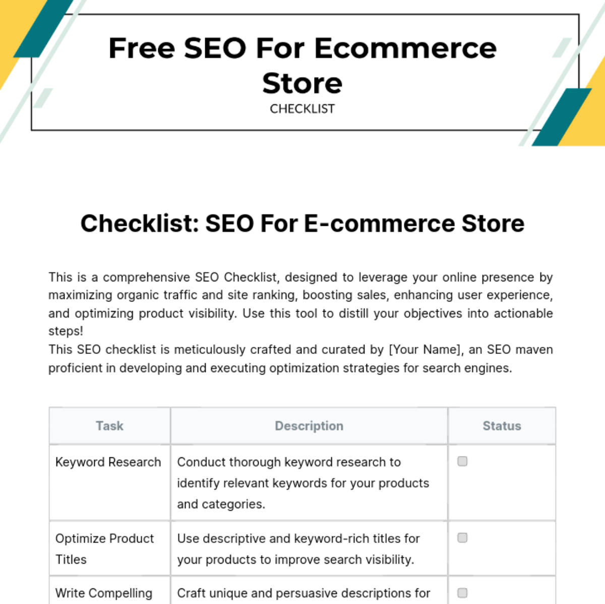 SEO Checklist For Ecommerce Store Template