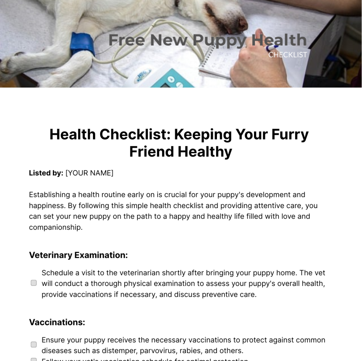 New Puppy Health Checklist Template