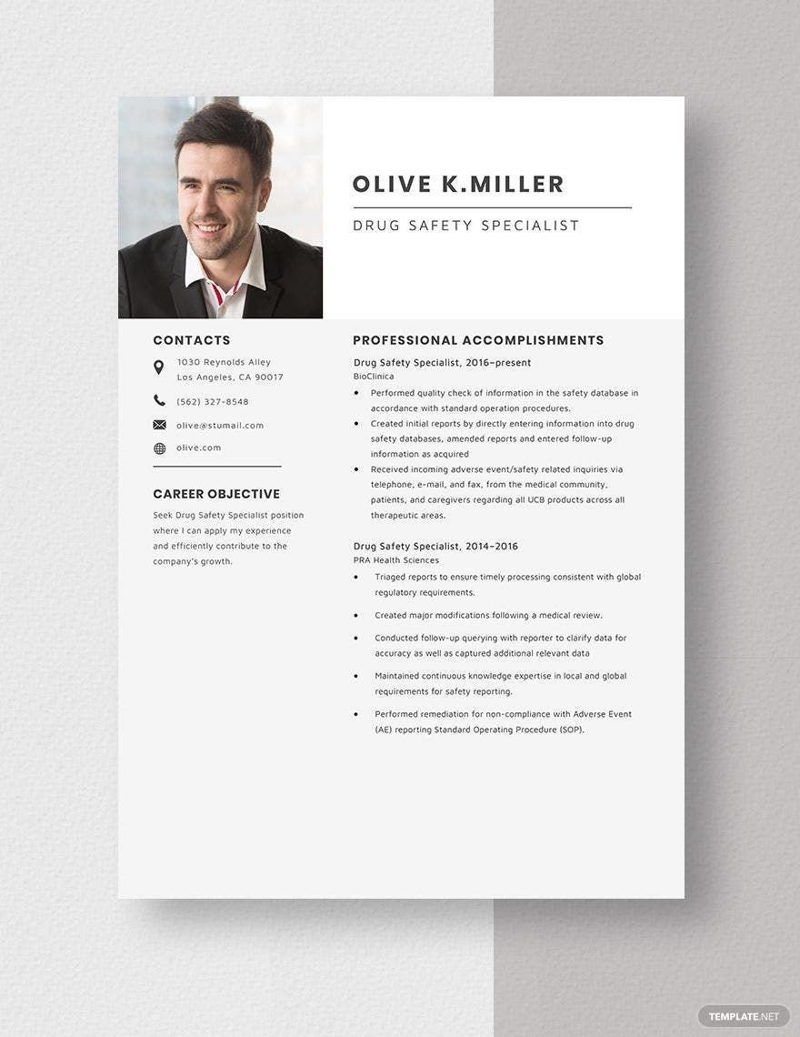 Drug Safety Specialist Resume Template