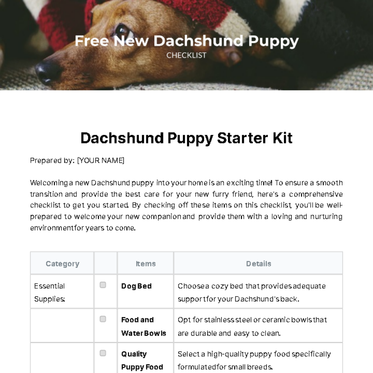 Free New Dachshund Puppy Checklist Template