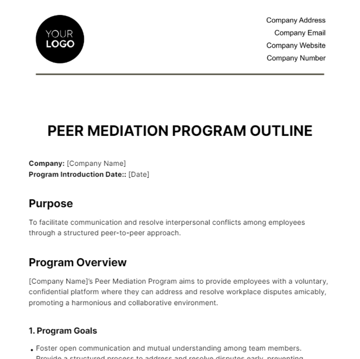 Peer Mediation Program Outline HR Template