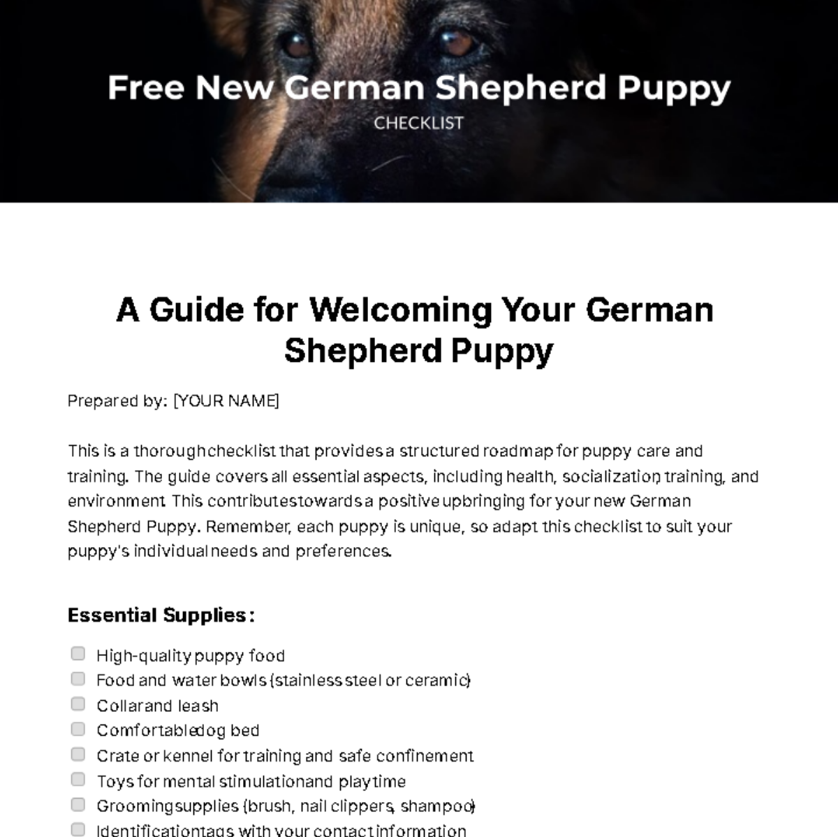 New German Shepherd Puppy Checklist Template