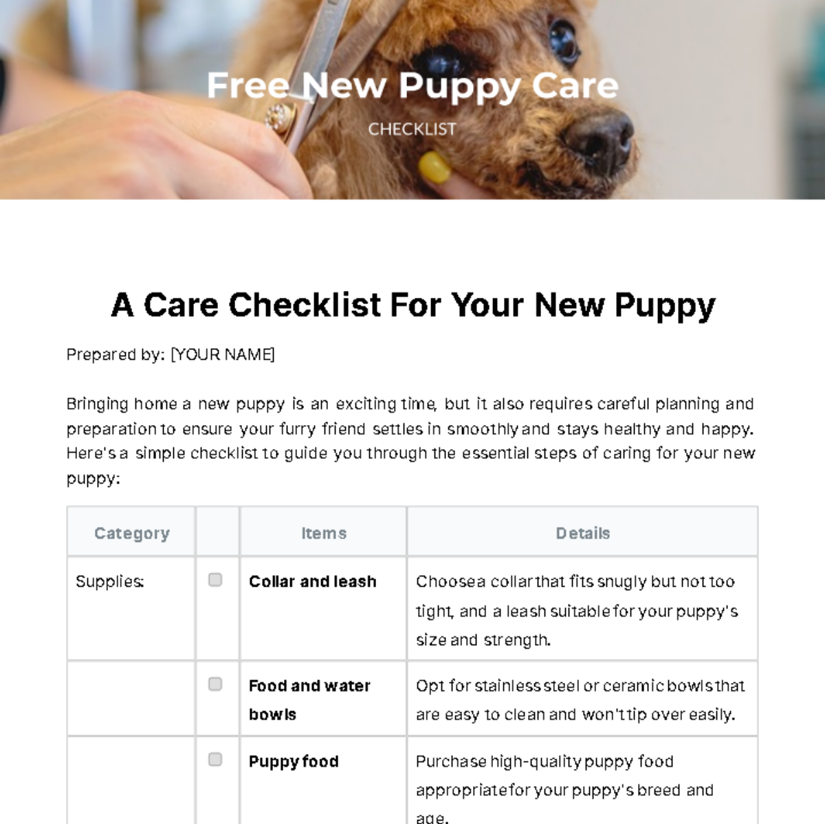 New Puppy Care Checklist Template
