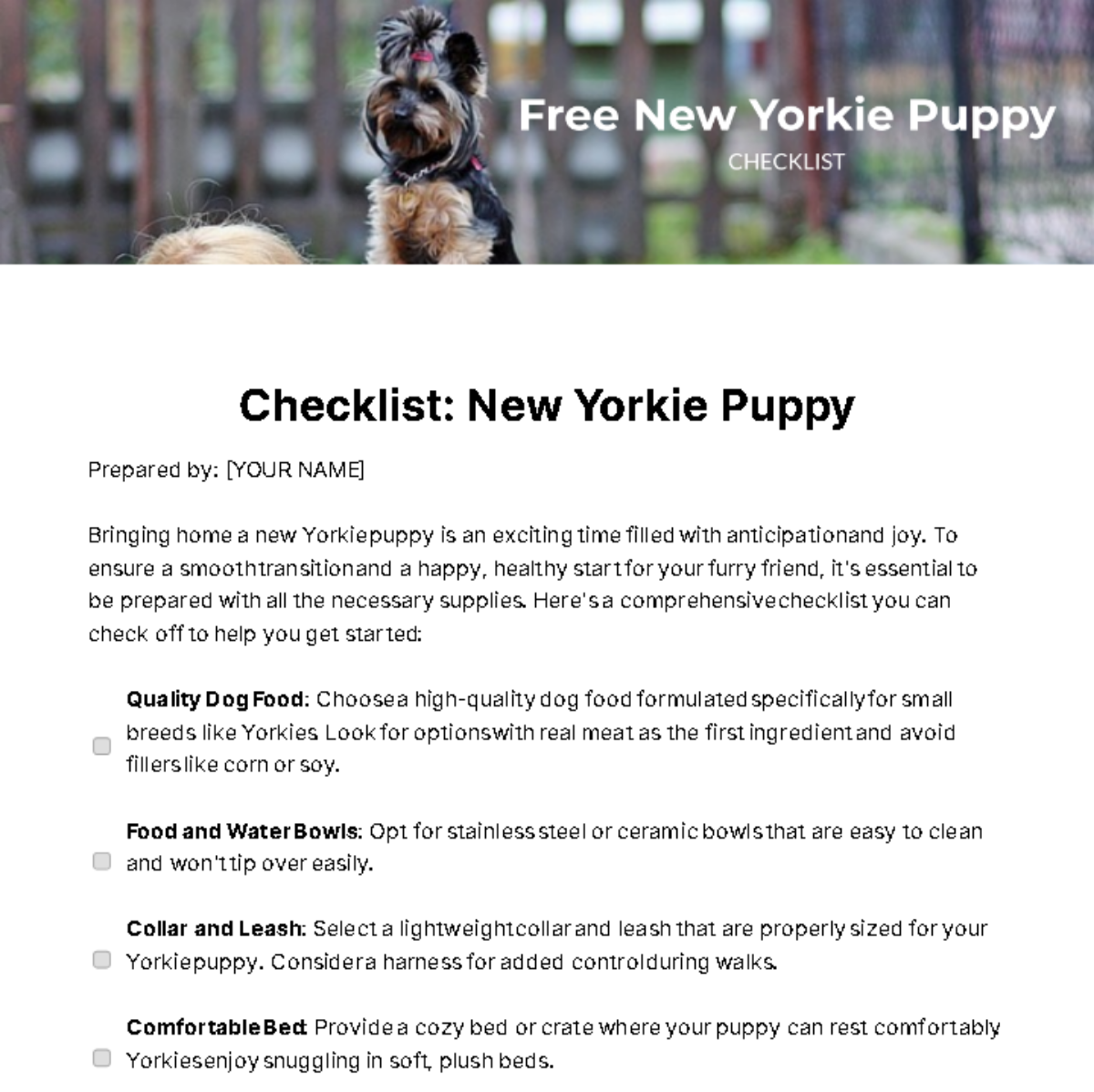 New Yorkie Puppy Checklist Template