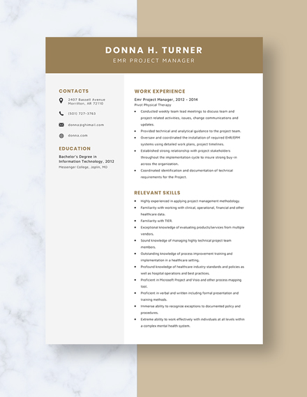 Emr Project Manager Resume Template