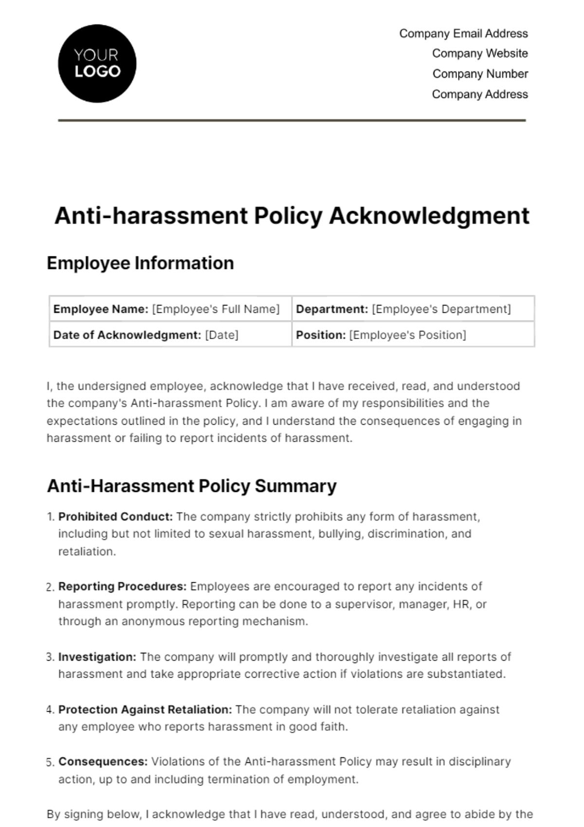 Free Anti-harassment Policy Acknowledgment HR Template