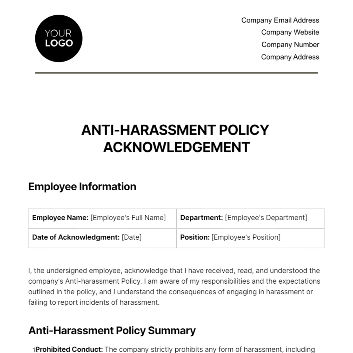 Anti-harassment Policy Acknowledgment HR Template - Edit Online & Download